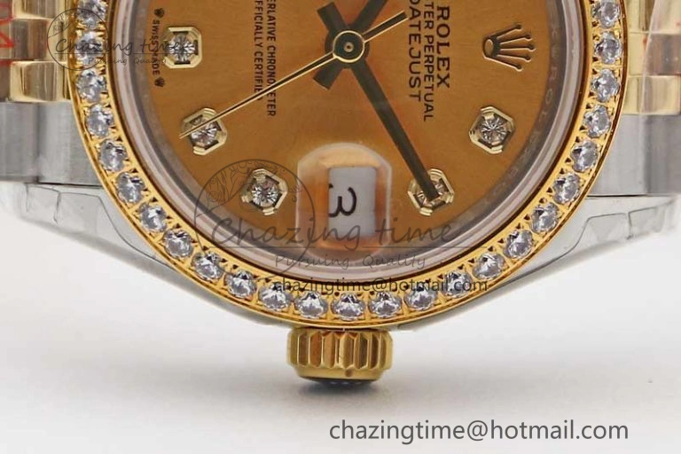 Lady DateJust 28 SS YG TWF Diamonds Bezel 1:1 Best Edition Gold Dial Diamond Markers on Jubilee Bracelet NH05