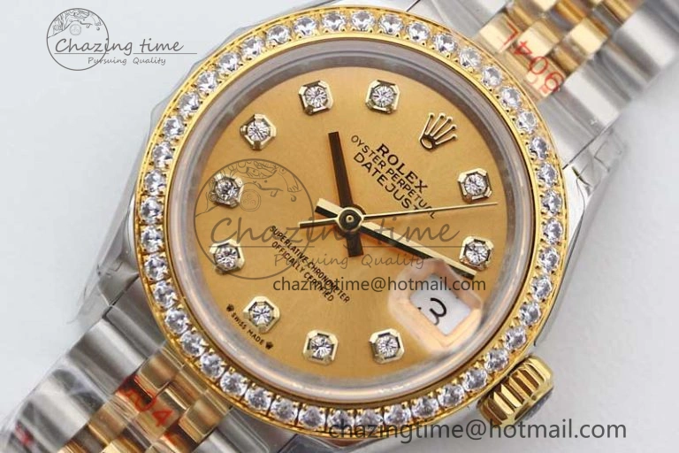 Lady DateJust 28 SS YG TWF Diamonds Bezel 1:1 Best Edition Gold Dial Diamond Markers on Jubilee Bracelet NH05