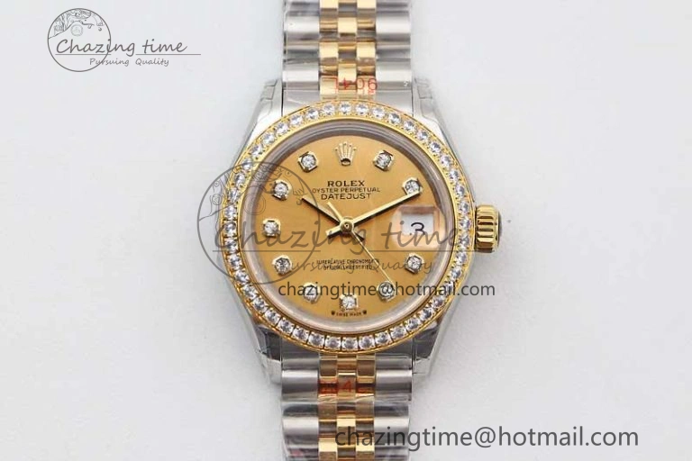 Lady DateJust 28 SS YG TWF Diamonds Bezel 1:1 Best Edition Gold Dial Diamond Markers on Jubilee Bracelet NH05