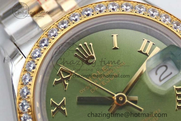 Lady DateJust 28 SS YG TWF Diamonds Bezel 1:1 Best Edition Green Dial Roman Markers on Jubilee Bracelet NH05