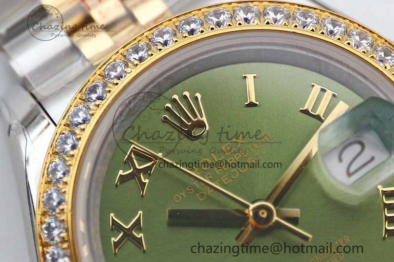 Lady DateJust 28 SS YG TWF Diamonds Bezel 1:1 Best Edition Green Dial Roman Markers on Jubilee Bracelet NH05