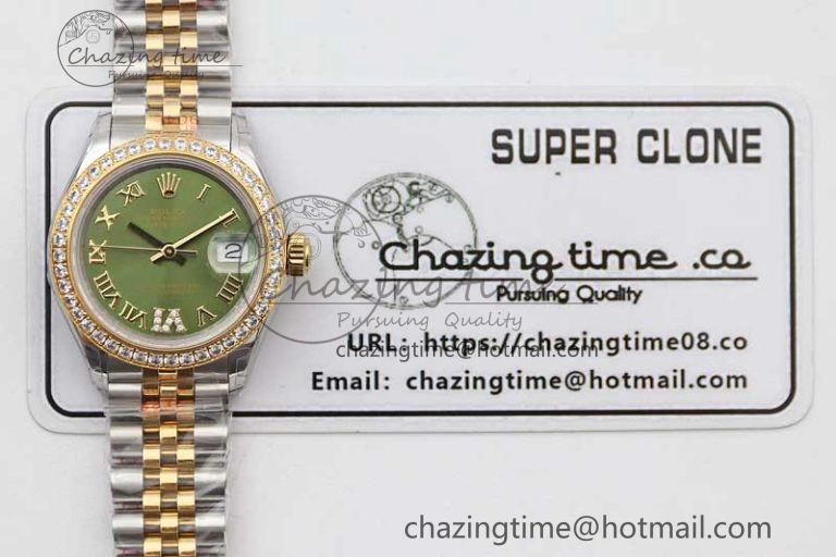 Lady DateJust 28 SS YG TWF Diamonds Bezel 1:1 Best Edition Green Dial Roman Markers on Jubilee Bracelet NH05