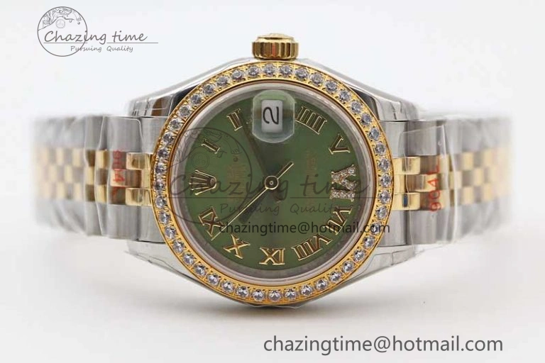 Lady DateJust 28 SS YG TWF Diamonds Bezel 1:1 Best Edition Green Dial Roman Markers on Jubilee Bracelet NH05