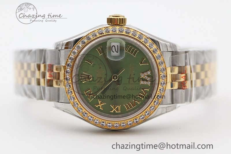 Lady DateJust 28 SS YG TWF Diamonds Bezel 1:1 Best Edition Green Dial Roman Markers on Jubilee Bracelet NH05