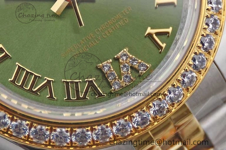 Lady DateJust 28 SS YG TWF Diamonds Bezel 1:1 Best Edition Green Dial Roman Markers on Jubilee Bracelet NH05