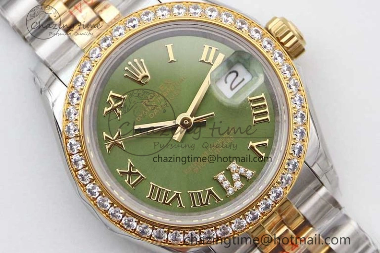 Lady DateJust 28 SS YG TWF Diamonds Bezel 1:1 Best Edition Green Dial Roman Markers on Jubilee Bracelet NH05