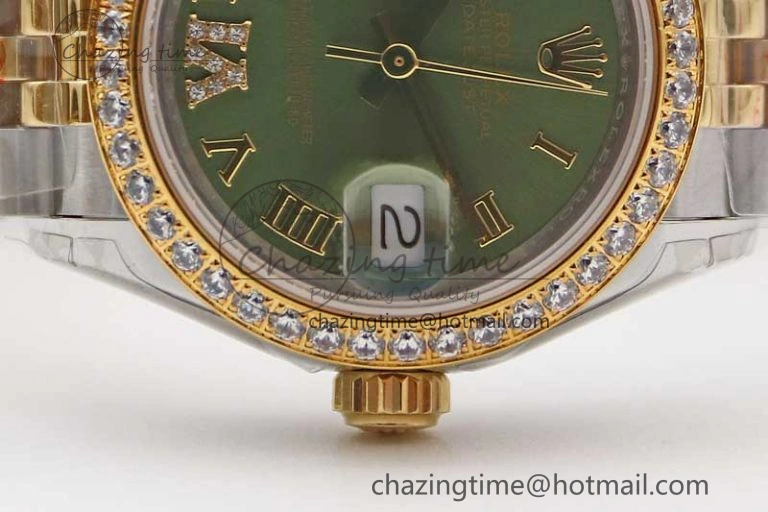 Lady DateJust 28 SS YG TWF Diamonds Bezel 1:1 Best Edition Green Dial Roman Markers on Jubilee Bracelet NH05
