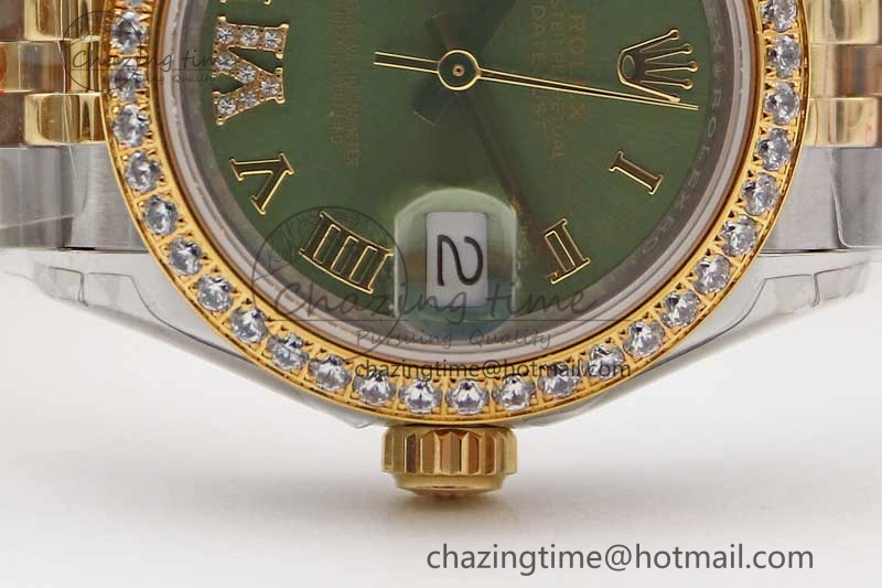 Lady DateJust 28 SS YG TWF Diamonds Bezel 1:1 Best Edition Green Dial Roman Markers on Jubilee Bracelet NH05