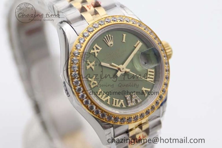 Lady DateJust 28 SS YG TWF Diamonds Bezel 1:1 Best Edition Green Dial Roman Markers on Jubilee Bracelet NH05