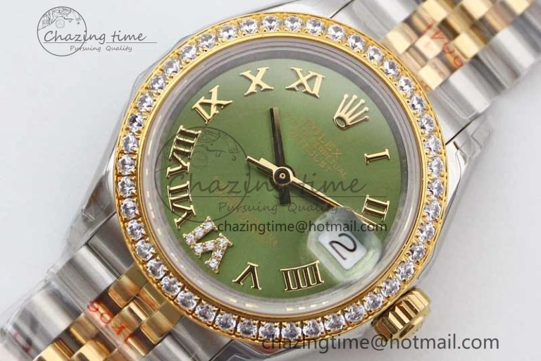 Lady DateJust 28 SS YG TWF Diamonds Bezel 1:1 Best Edition Green Dial Roman Markers on Jubilee Bracelet NH05