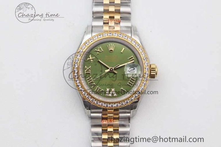 Lady DateJust 28 SS YG TWF Diamonds Bezel 1:1 Best Edition Green Dial Roman Markers on Jubilee Bracelet NH05