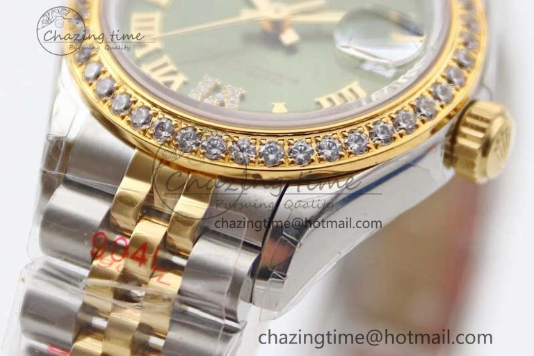 Lady DateJust 28 SS YG TWF Diamonds Bezel 1:1 Best Edition Green Dial Roman Markers on Jubilee Bracelet NH05