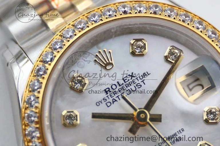 Lady DateJust 28 SS YG TWF Diamonds Bezel 1:1 Best Edition White MOP Dial Diamond Markers on Jubilee Bracelet NH05