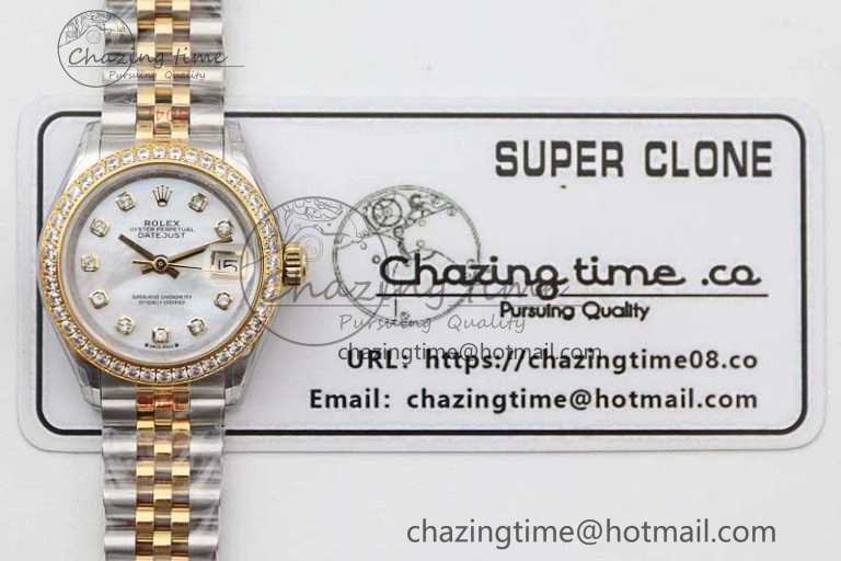 Lady DateJust 28 SS YG TWF Diamonds Bezel 1:1 Best Edition White MOP Dial Diamond Markers on Jubilee Bracelet NH05