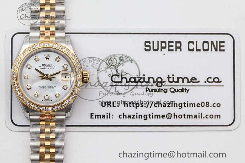 Lady DateJust 28 SS YG TWF Diamonds Bezel 1:1 Best Edition White MOP Dial Diamond Markers on Jubilee Bracelet NH05