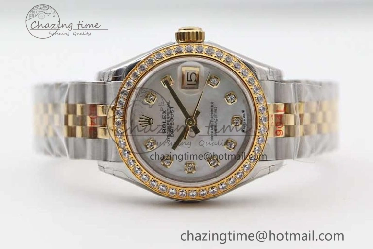Lady DateJust 28 SS YG TWF Diamonds Bezel 1:1 Best Edition White MOP Dial Diamond Markers on Jubilee Bracelet NH05