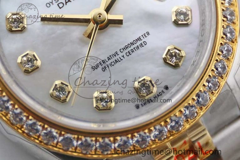 Lady DateJust 28 SS YG TWF Diamonds Bezel 1:1 Best Edition White MOP Dial Diamond Markers on Jubilee Bracelet NH05