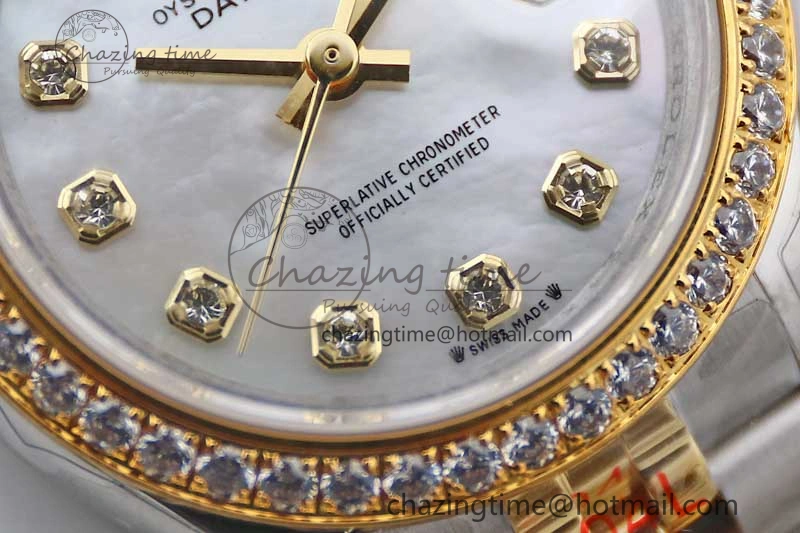 Lady DateJust 28 SS YG TWF Diamonds Bezel 1:1 Best Edition White MOP Dial Diamond Markers on Jubilee Bracelet NH05