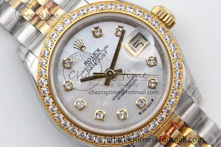 Lady DateJust 28 SS YG TWF Diamonds Bezel 1:1 Best Edition White MOP Dial Diamond Markers on Jubilee Bracelet NH05