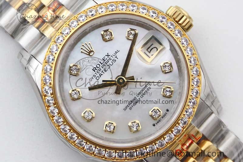 Lady DateJust 28 SS YG TWF Diamonds Bezel 1:1 Best Edition White MOP Dial Diamond Markers on Jubilee Bracelet NH05