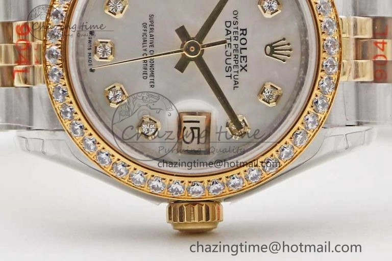 Lady DateJust 28 SS YG TWF Diamonds Bezel 1:1 Best Edition White MOP Dial Diamond Markers on Jubilee Bracelet NH05