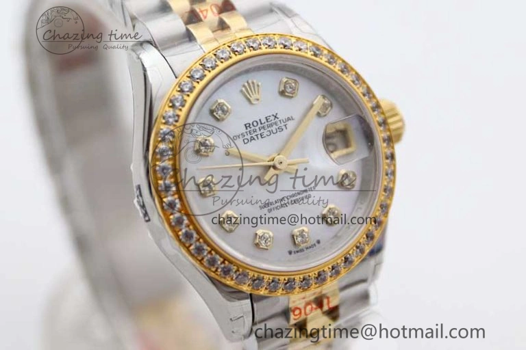 Lady DateJust 28 SS YG TWF Diamonds Bezel 1:1 Best Edition White MOP Dial Diamond Markers on Jubilee Bracelet NH05