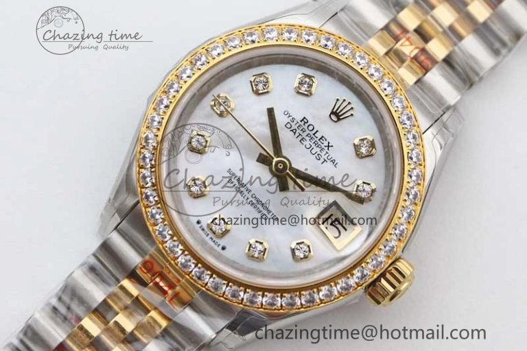 Lady DateJust 28 SS YG TWF Diamonds Bezel 1:1 Best Edition White MOP Dial Diamond Markers on Jubilee Bracelet NH05