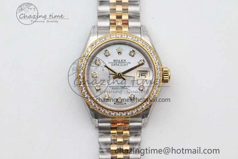 Lady DateJust 28 SS YG TWF Diamonds Bezel 1:1 Best Edition White MOP Dial Diamond Markers on Jubilee Bracelet NH05
