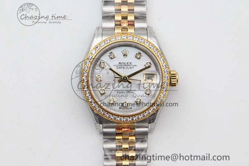 Lady DateJust 28 SS YG TWF Diamonds Bezel 1:1 Best Edition White MOP Dial Diamond Markers on Jubilee Bracelet NH05