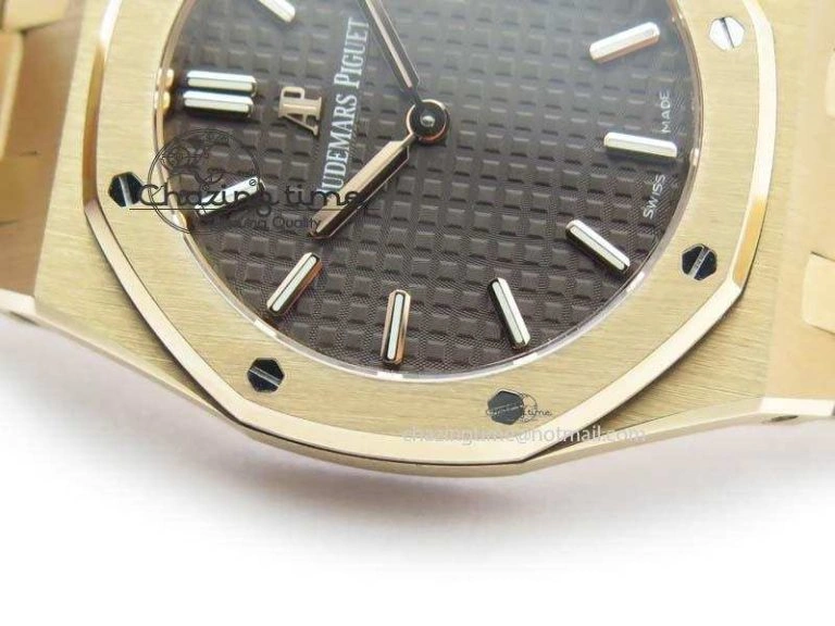 Lady Royal Oak 33mm 15000 RG JF 1:1 Best Edition Brown Textured Dial On RG Bracelet Ronda Quartz