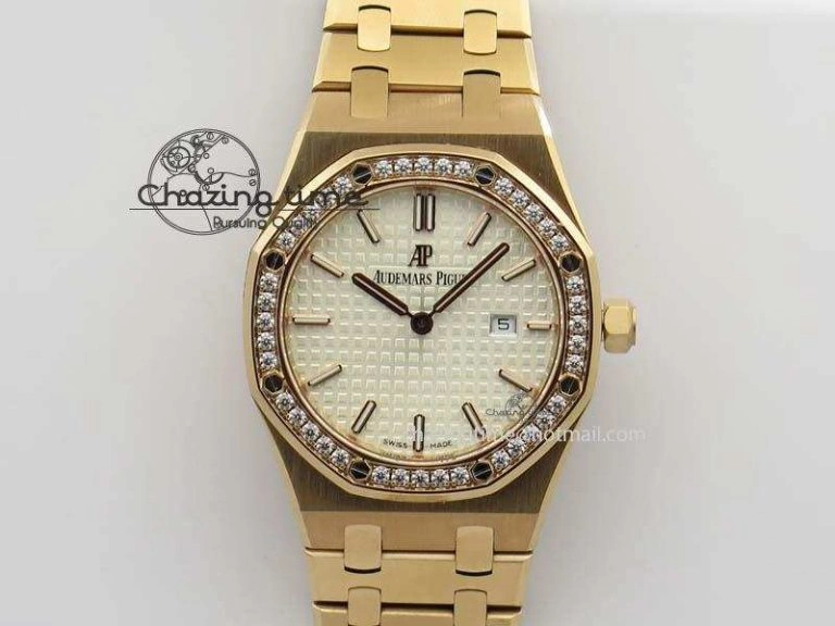 Lady Royal Oak 33mm 15000 RG JF 1:1 Best Edition White Dial Diamond Bezel On RG Bracelet Ronda Quartz