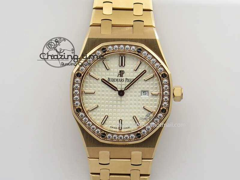 Lady Royal Oak 33mm 15000 RG JF 1:1 Best Edition White Dial Diamond Bezel On RG Bracelet Ronda Quartz