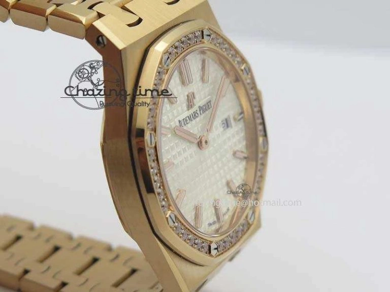 Lady Royal Oak 33mm 15000 RG JF 1:1 Best Edition White Dial Diamond Bezel On RG Bracelet Ronda Quartz