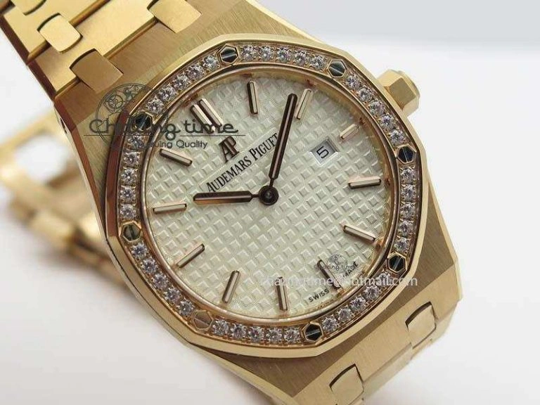 Lady Royal Oak 33mm 15000 RG JF 1:1 Best Edition White Dial Diamond Bezel On RG Bracelet Ronda Quartz