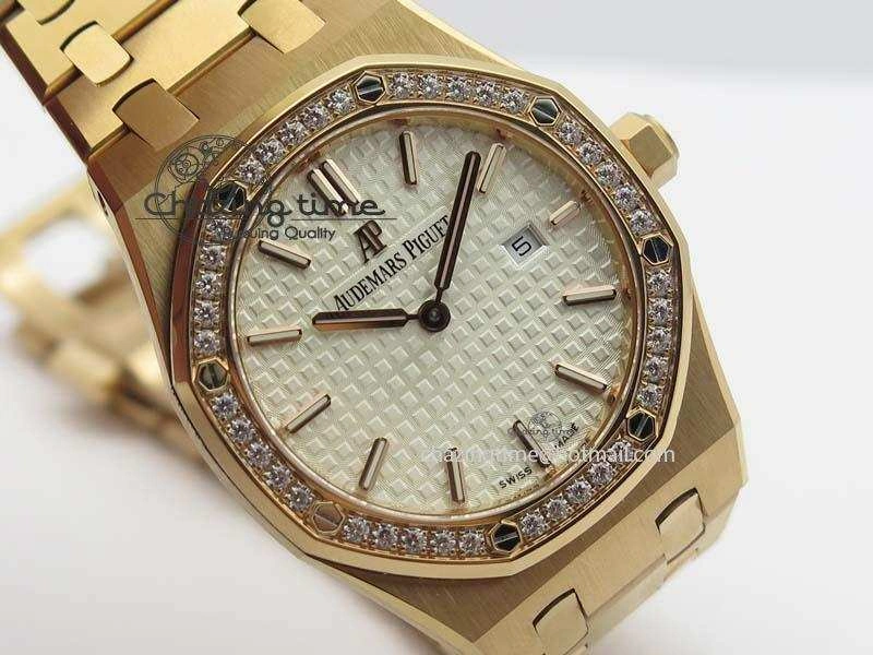Lady Royal Oak 33mm 15000 RG JF 1:1 Best Edition White Dial Diamond Bezel On RG Bracelet Ronda Quartz