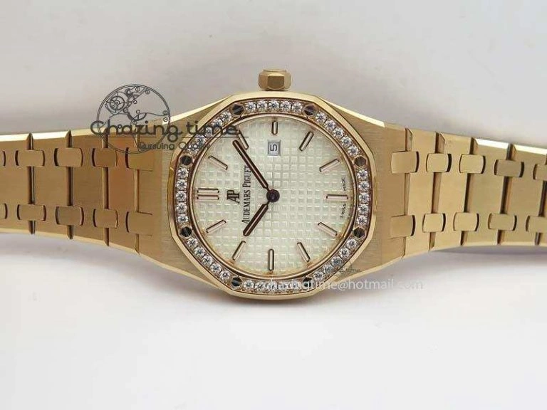Lady Royal Oak 33mm 15000 RG JF 1:1 Best Edition White Dial Diamond Bezel On RG Bracelet Ronda Quartz