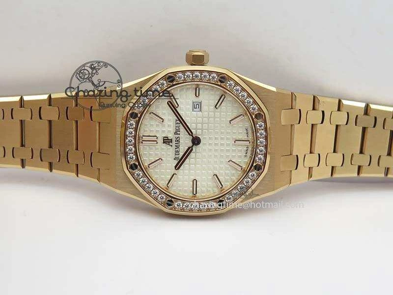 Lady Royal Oak 33mm 15000 RG JF 1:1 Best Edition White Dial Diamond Bezel On RG Bracelet Ronda Quartz