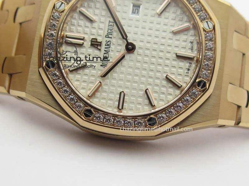 Lady Royal Oak 33mm 15000 RG JF 1:1 Best Edition White Dial Diamond Bezel On RG Bracelet Ronda Quartz