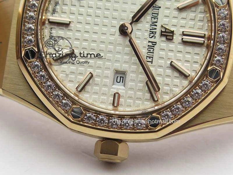 Lady Royal Oak 33mm 15000 RG JF 1:1 Best Edition White Dial Diamond Bezel On RG Bracelet Ronda Quartz