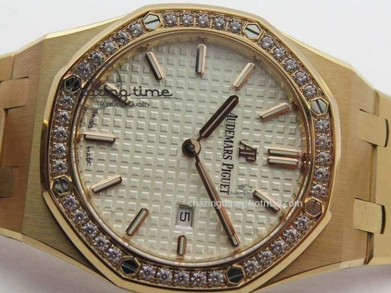 Lady Royal Oak 33mm 15000 RG JF 1:1 Best Edition White Dial Diamond Bezel On RG Bracelet Ronda Quartz
