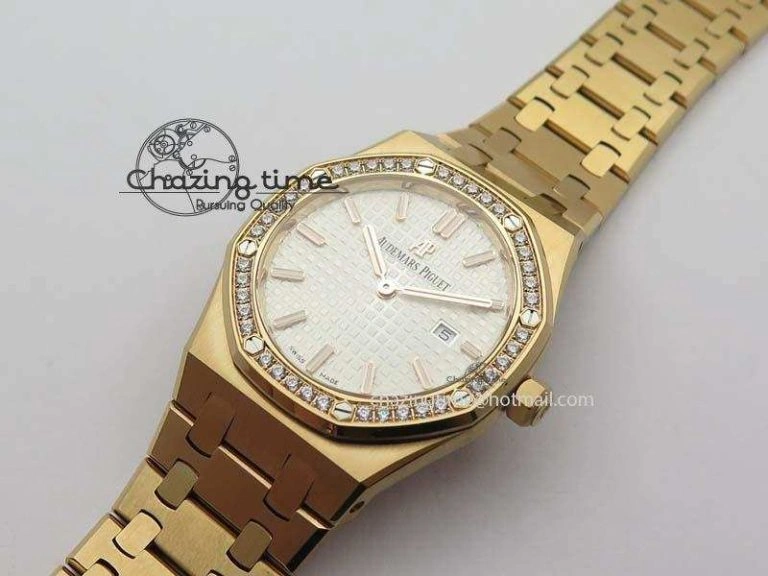 Lady Royal Oak 33mm 15000 RG JF 1:1 Best Edition White Dial Diamond Bezel On RG Bracelet Ronda Quartz