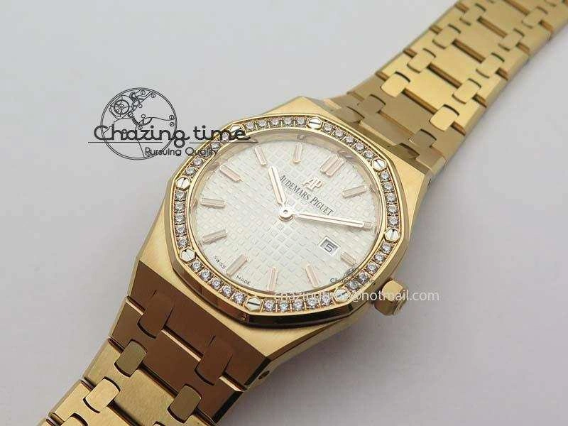 Lady Royal Oak 33mm 15000 RG JF 1:1 Best Edition White Dial Diamond Bezel On RG Bracelet Ronda Quartz
