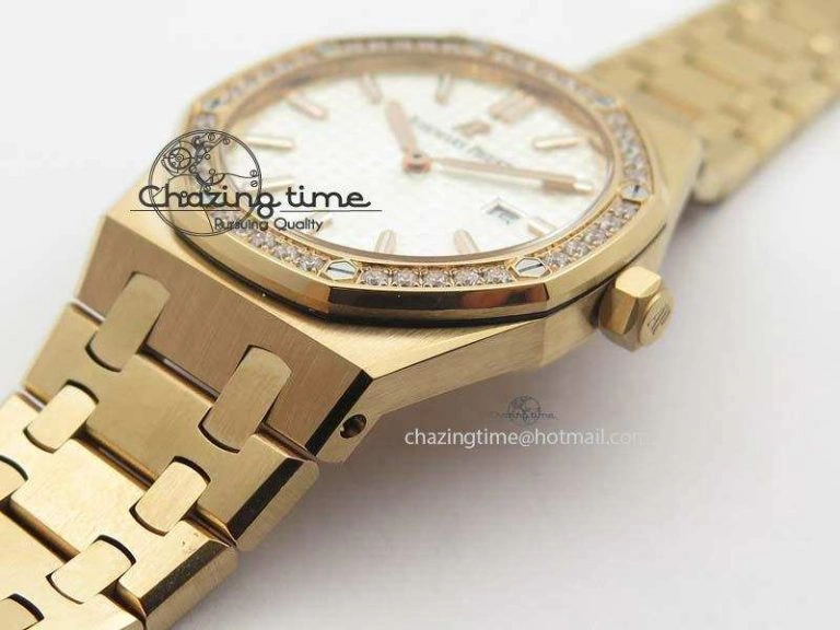 Lady Royal Oak 33mm 15000 RG JF 1:1 Best Edition White Dial Diamond Bezel On RG Bracelet Ronda Quartz