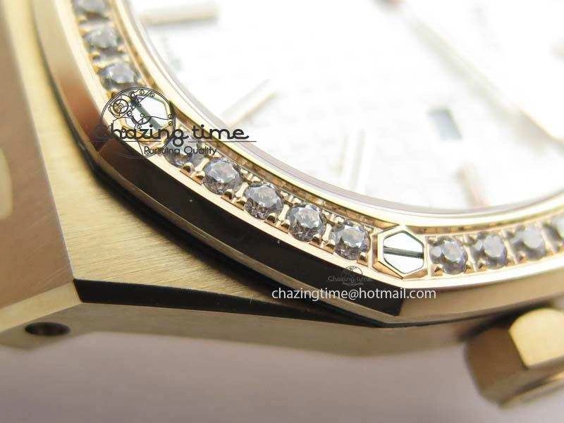 Lady Royal Oak 33mm 15000 RG JF 1:1 Best Edition White Dial Diamond Bezel On RG Bracelet Ronda Quartz