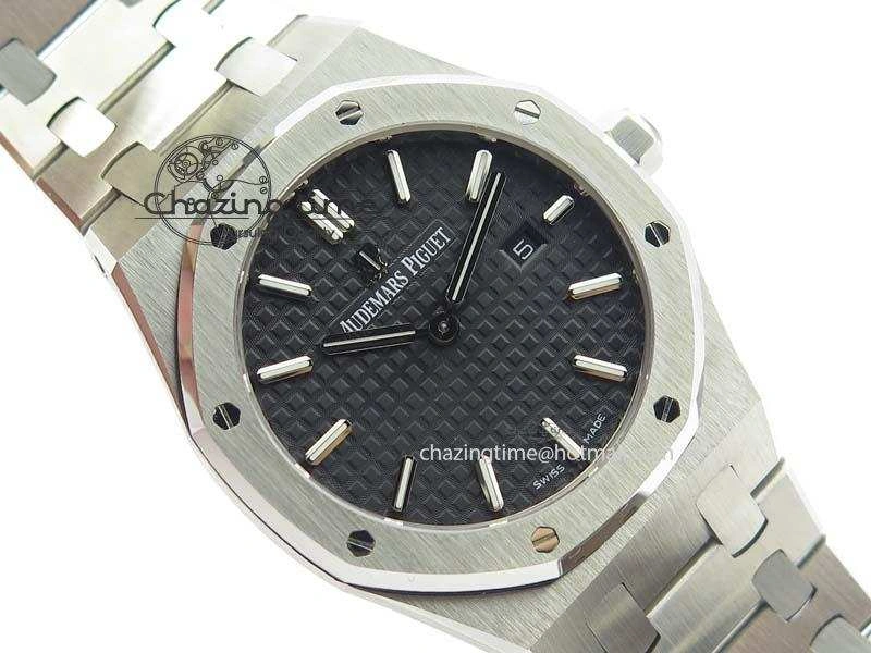 Lady Royal Oak 33mm 15000 SS JF 1:1 Best Edition Black Textured Dial On SS Bracelet Ronda Quartz