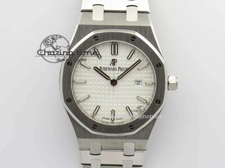 Lady Royal Oak 33mm 15000 SS JF 1:1 Best Edition White Textured Dial On SS Bracelet Ronda Quartz