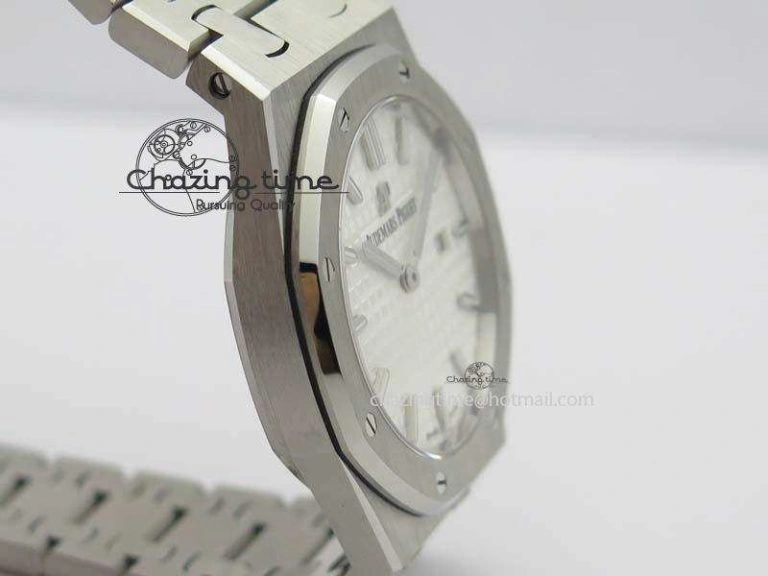 Lady Royal Oak 33mm 15000 SS JF 1:1 Best Edition White Textured Dial On SS Bracelet Ronda Quartz