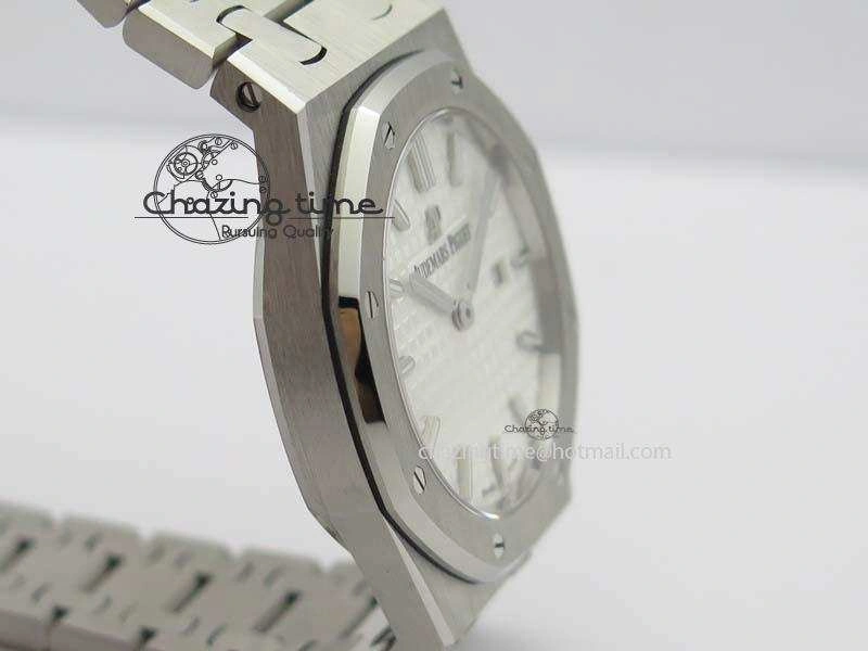 Lady Royal Oak 33mm 15000 SS JF 1:1 Best Edition White Textured Dial On SS Bracelet Ronda Quartz