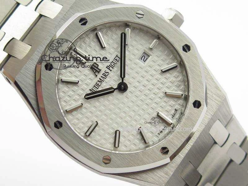 Lady Royal Oak 33mm 15000 SS JF 1:1 Best Edition White Textured Dial On SS Bracelet Ronda Quartz