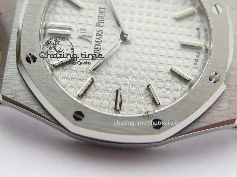 Lady Royal Oak 33mm 15000 SS JF 1:1 Best Edition White Textured Dial On SS Bracelet Ronda Quartz